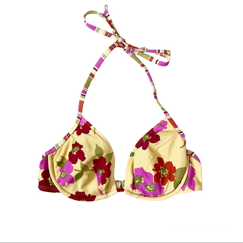 Victoria’s Secret 34C Floral Tie Neck Bikini Swim Top Yellow Pink